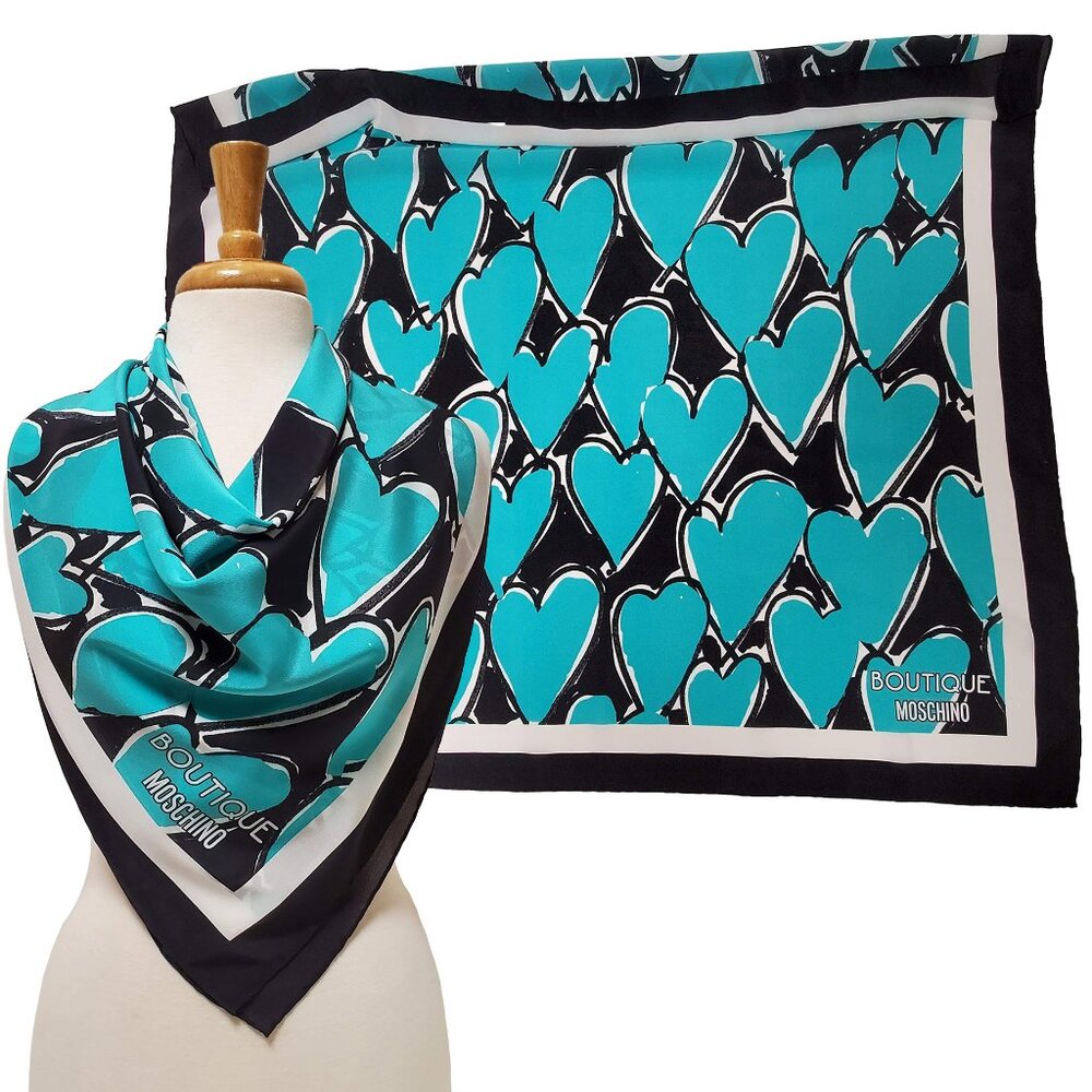 MOSCHINO SCARF BLACK MULTI HEART PRINT VIBRANT SILK SQUARE FOULARD 34"